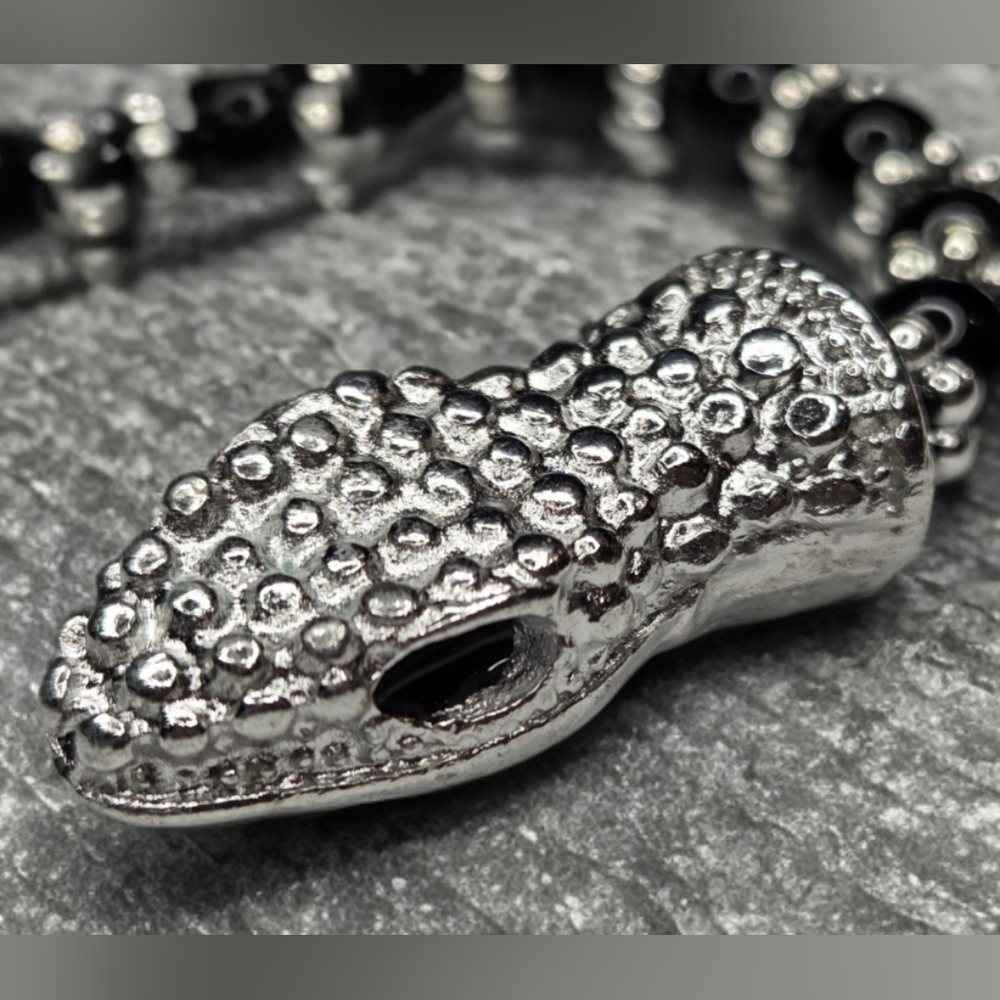 Sculptural Onyx Beaded Snake Serpent Statement Necklace - Picture 4 of 5